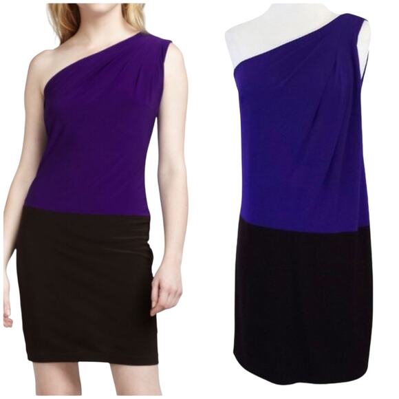 Trina Turk Colorblock One Shoulder Dress Purple Brown Size 2 Sheath - Picture 1 of 10